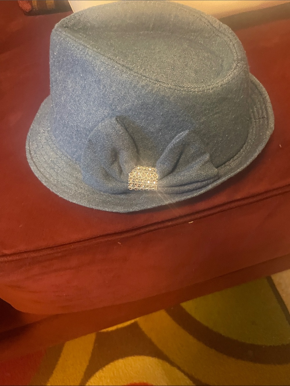 Women's Denim-Style Bow Fedora Hat with Rhinestone Accent
